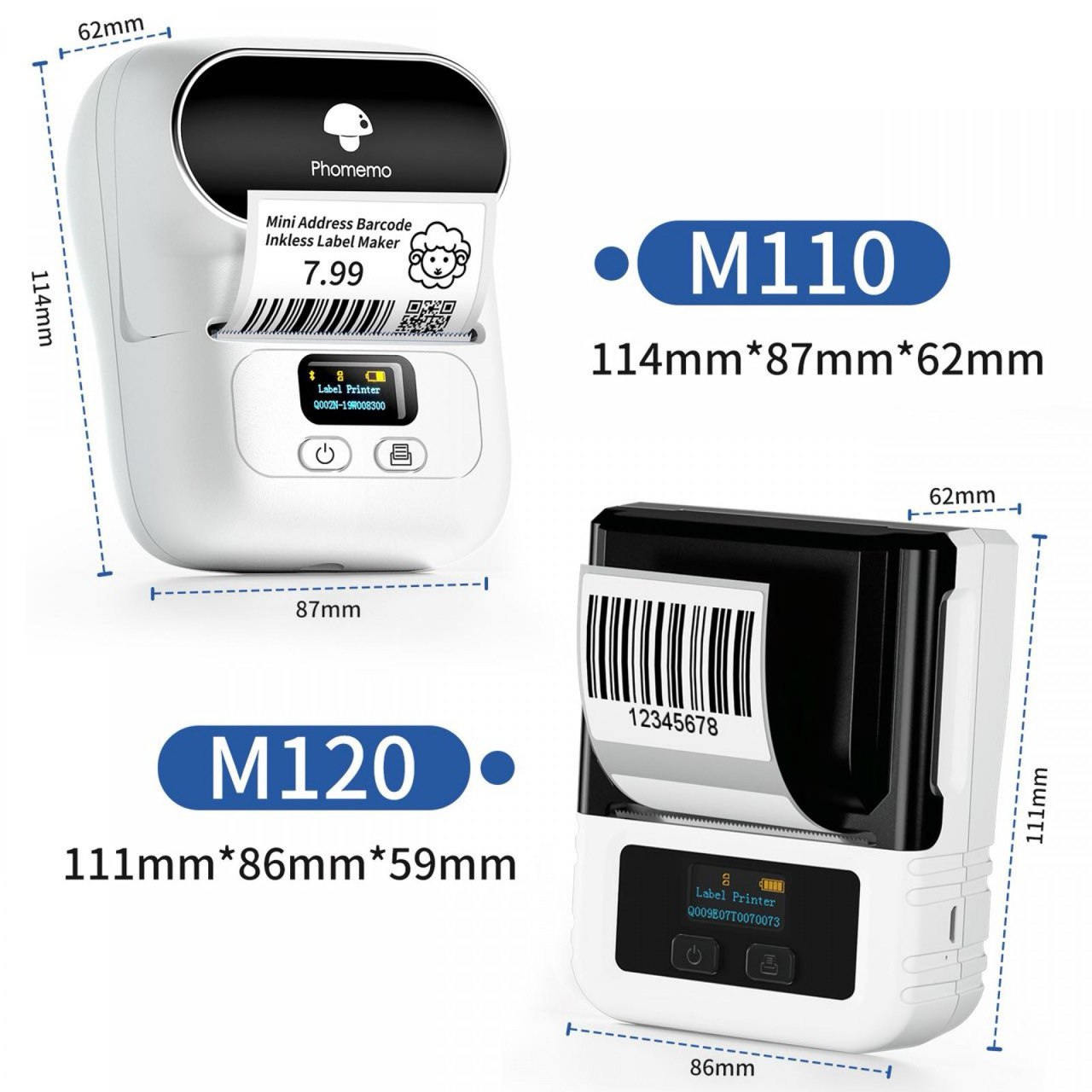 Imprimante d'étiquettes Phomemo améliorée M110, imprimante de codes-barres, fabricant d'étiquettes thermique Portable avec dents bleues, pour téléphone/tablette/PC/Mac